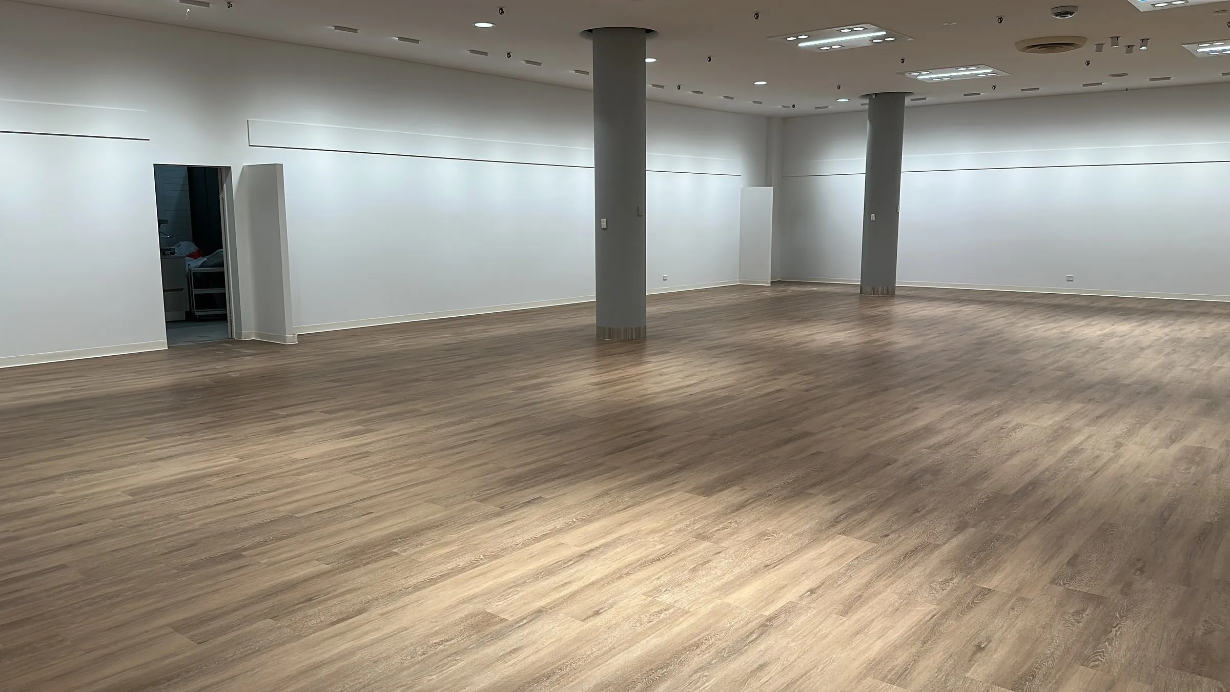 Empty new fit-out with a timber-look floor, ready for handover