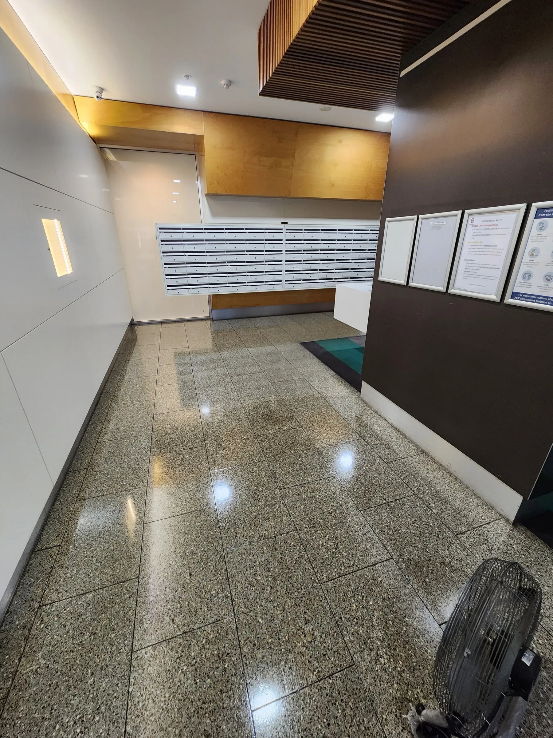 Glossy speckled terrazzo foyer after a machine scrub